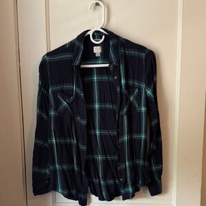 Navy and Green Plaid Button-Up Shirt